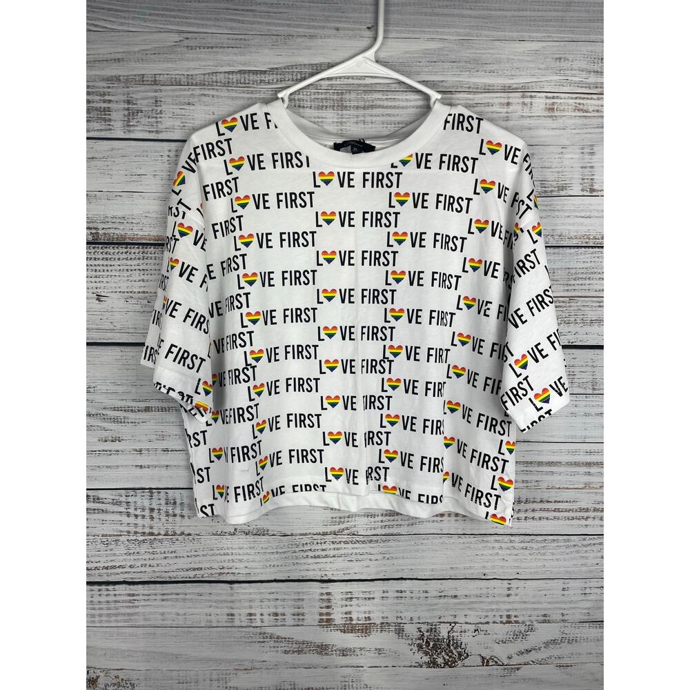 Mavi White Short Sleeve Boxy Top NEW XS Oversized Rainbow Love Pride Punk Comfy